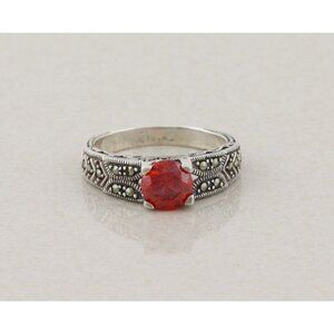 Sterling Silver Red Cubic Zirconia Marcasite Ring Size 8